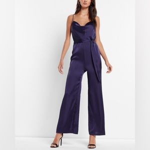 EXPRESS Satin Belted Cowl Neck Wide Leg Jumpsuit